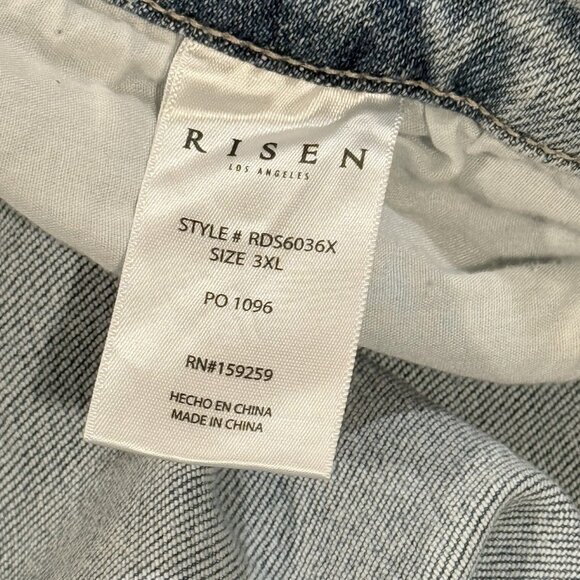 NWT RISEN JEANS Distressed Raw Frayed Edge Stretch Blue Denim Mini Skirt Sz 3X - Picture 9 of 12